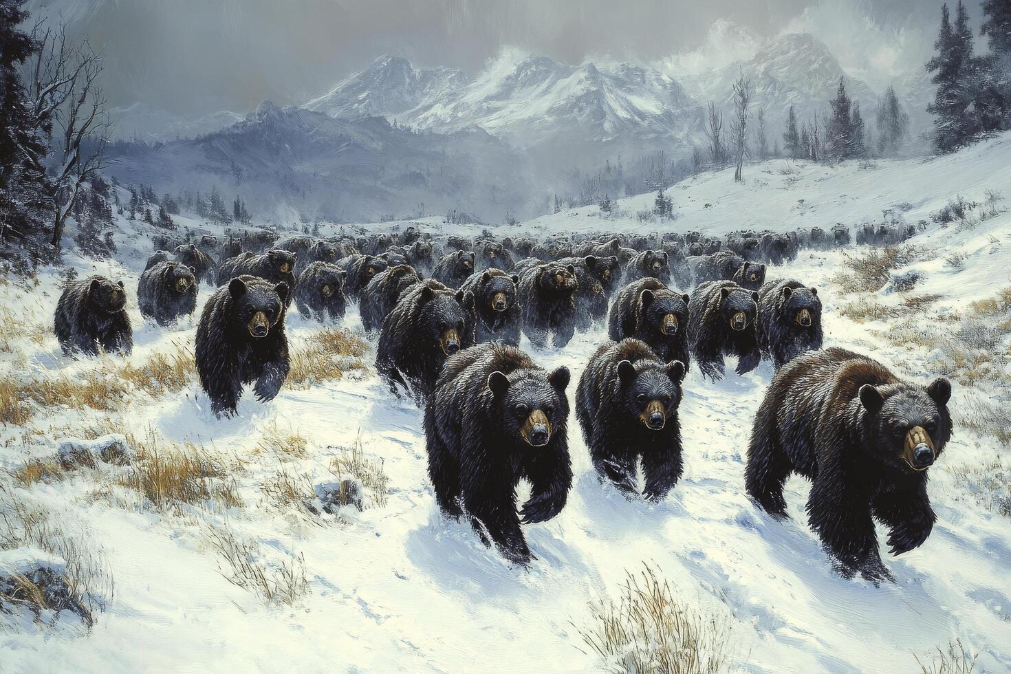 Herd of bears running through snowy forest in winter wilderness photo