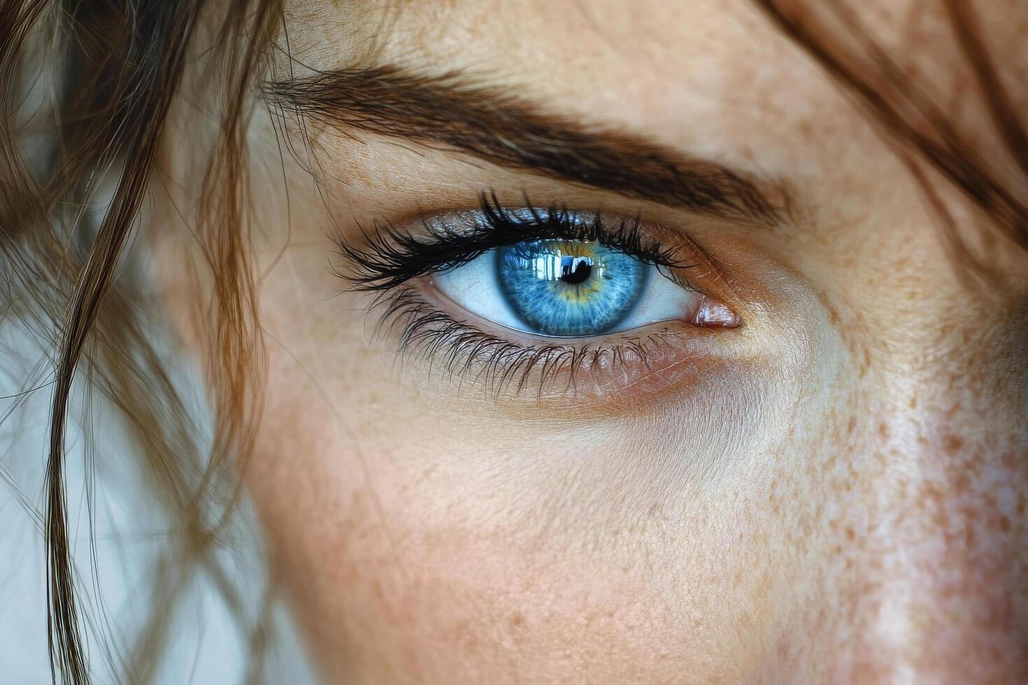 Captivating close-up of a young woman with striking blue eyes and freckles glowing under natural light photo