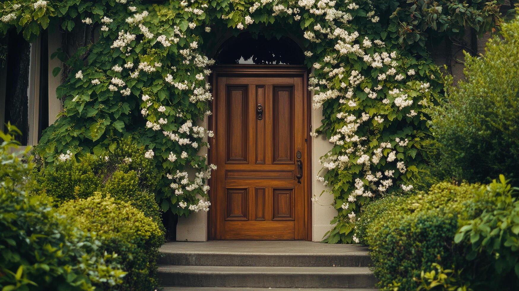 Charming entryway adorned with white flowers and lush greenery in a serene outdoor setting photo