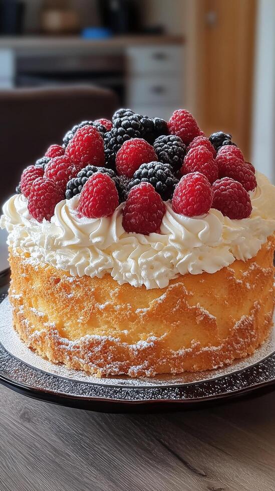 Delicious cake topped with fresh raspberries and blackberries ready for dessert photo
