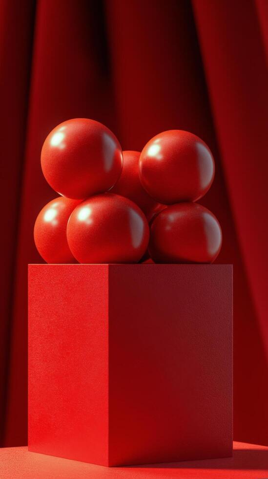 Abstract composition of red spheres on a pedestal in a studio setting photo