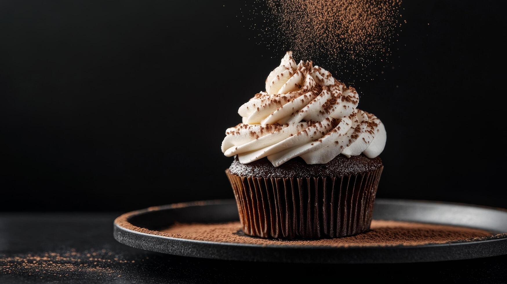 Decadent chocolate cupcake with frosting and cocoa powder dusting in dimly lit kitchen photo
