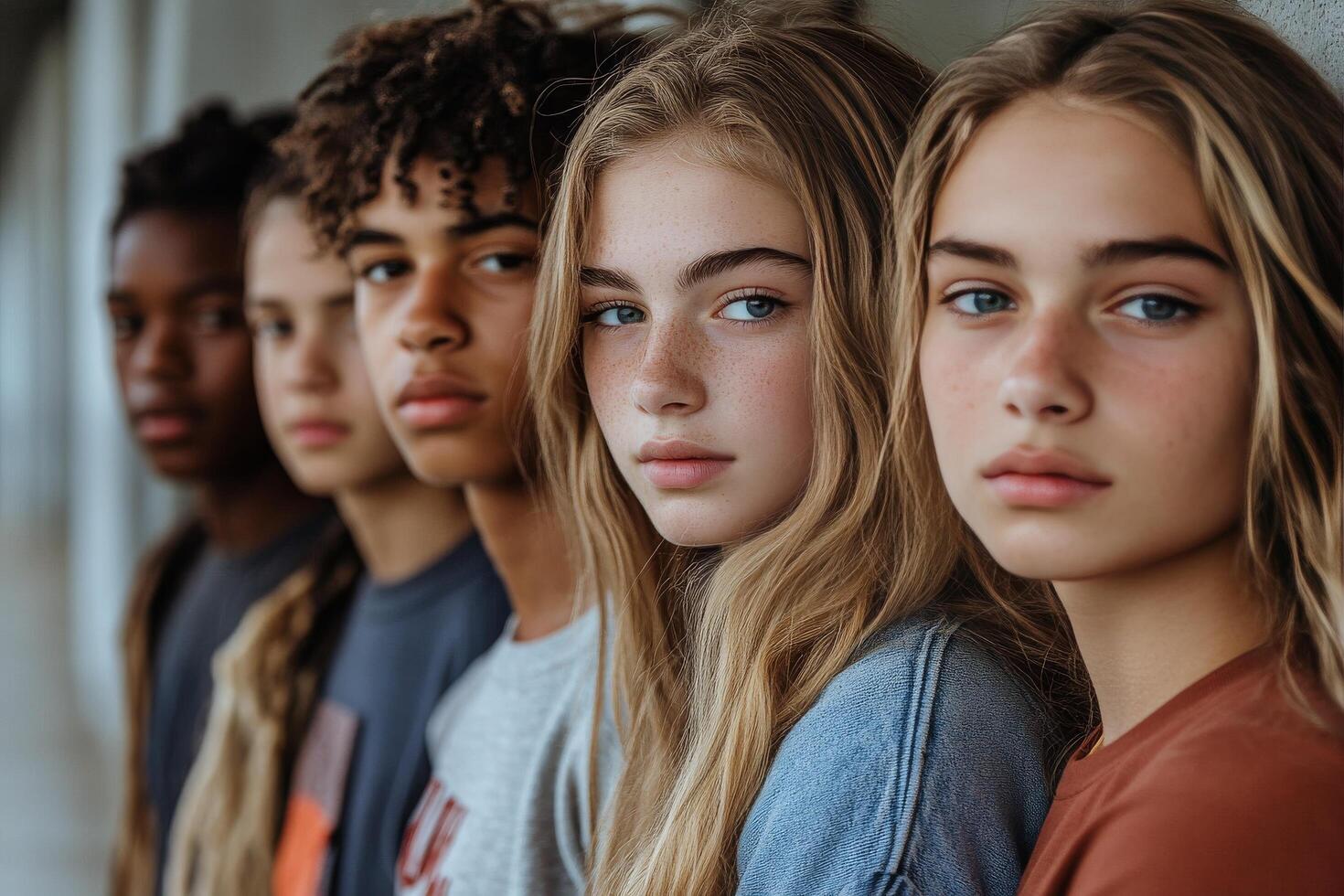 Group of diverse young people posing in urban setting during the day photo