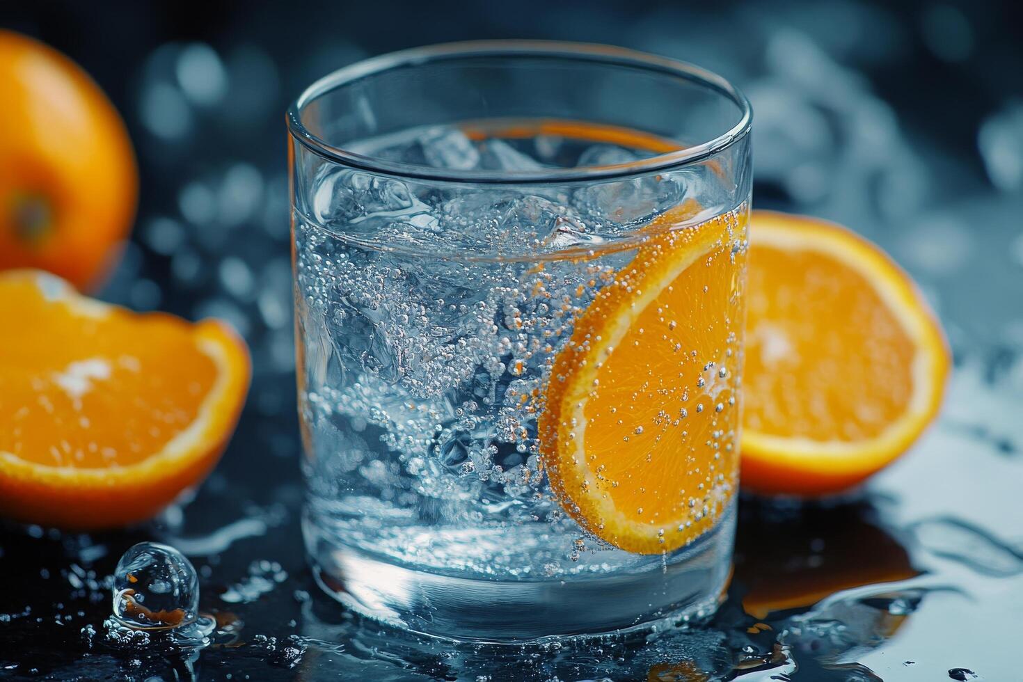 Refreshing citrus drink with orange slices in clear sparkling water on a reflective surface photo