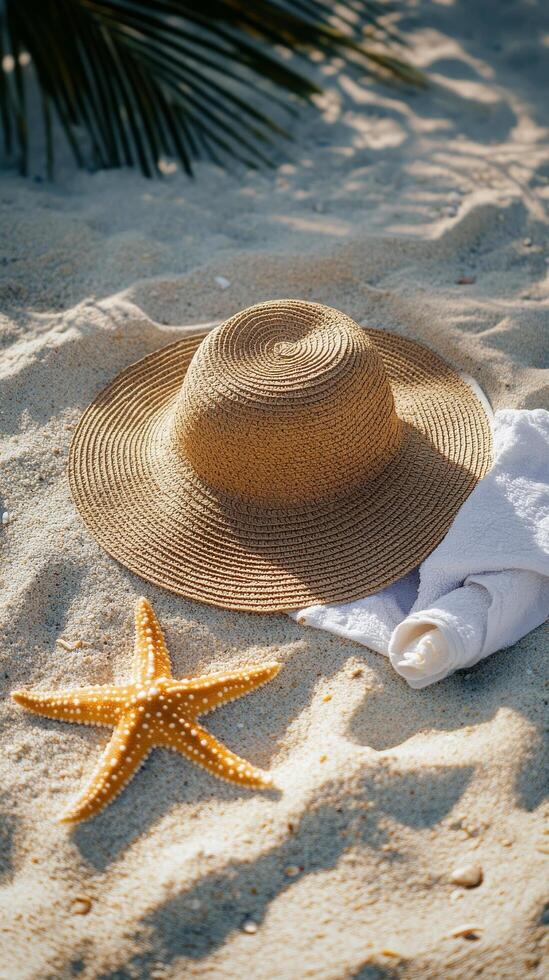 Relaxing beach essentials on warm sand with gentle waves at a tropical location photo