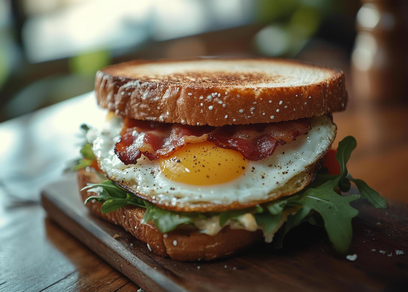 Delicious breakfast sandwich with bacon and egg on toasted bread served outdoors photo