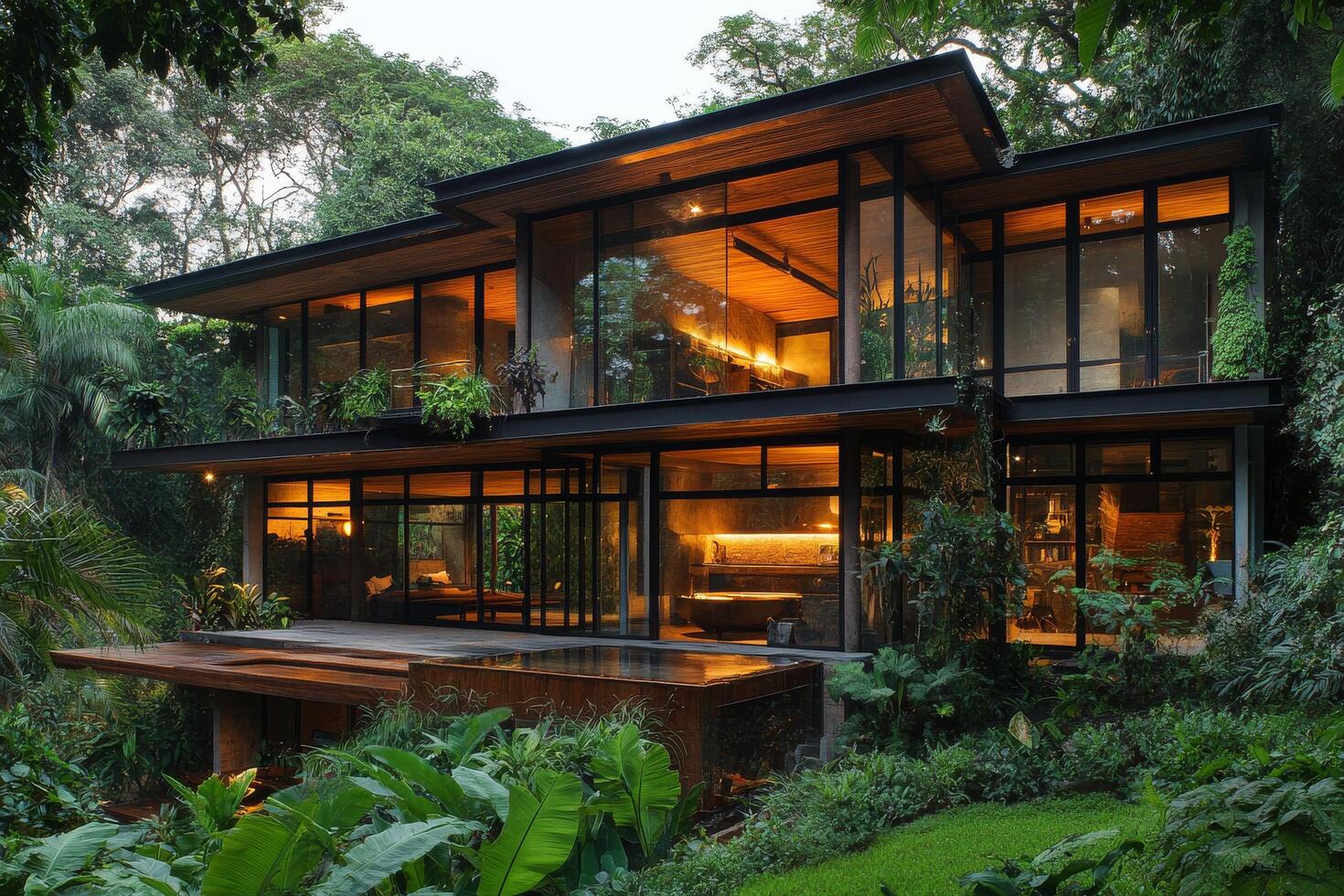 Modern architectural design of a forest retreat at dusk with abundant greenery surrounding photo