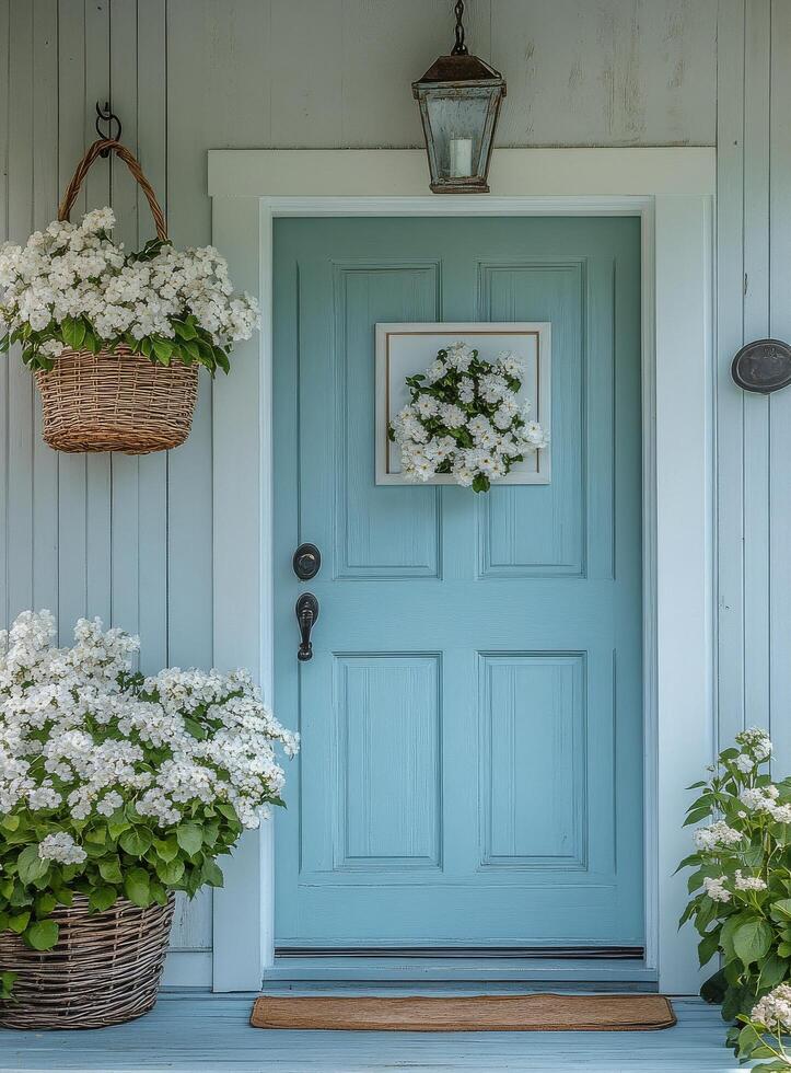 Charming blue door surrounded by white daisies and a wicker basket in a serene garden setting photo