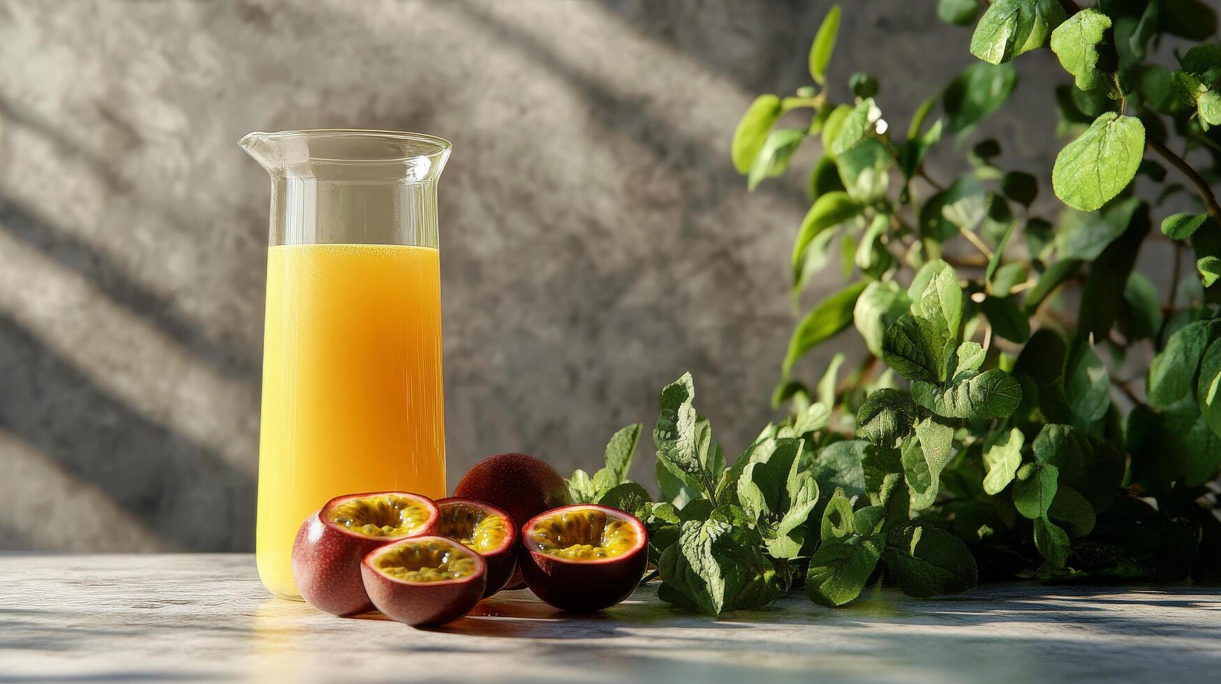Refreshing citrus beverage served in a clear pitcher with mint leaves and passion fruits nearby photo