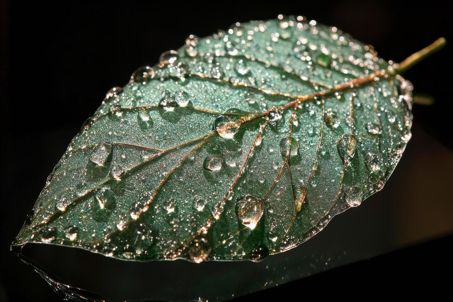 Water droplets glisten on a green leaf in serene close-up during early morning light photo