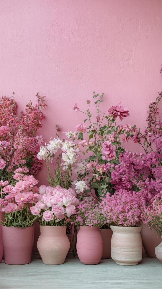 Bright pink floral arrangement showcasing various blooms in a soft pink background setting photo
