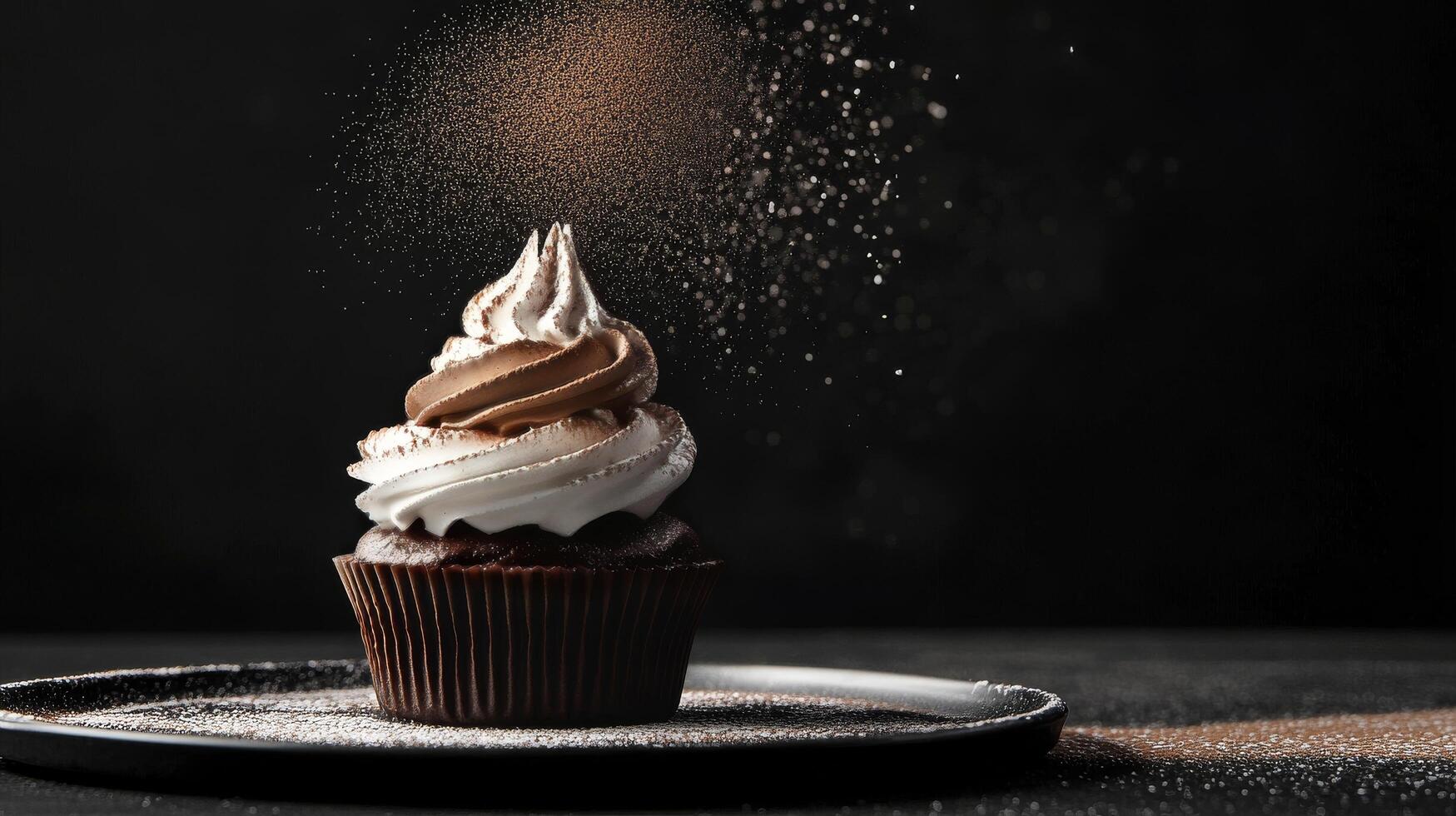 Decadent chocolate cupcake with frosting and cocoa powder dusting in dimly lit kitchen photo