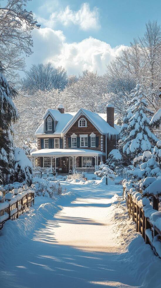 Snow-covered house surrounded by pristine winter landscape in early morning light photo