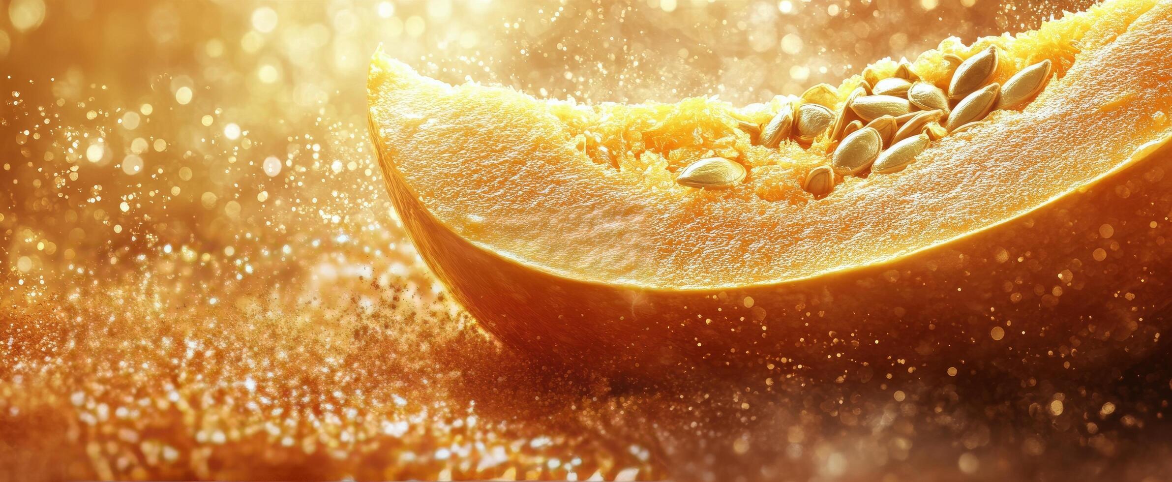 Bright orange slice of melon resting among soft golden textures during warm lighting photo