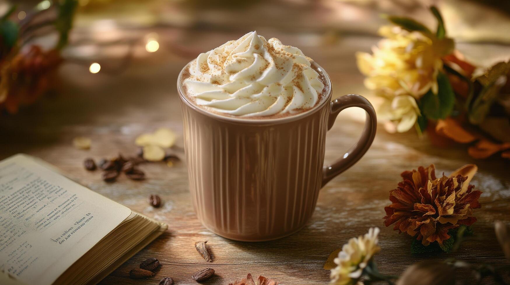 Warm coffee with whipped cream on a rustic book in a cozy autumn setting photo