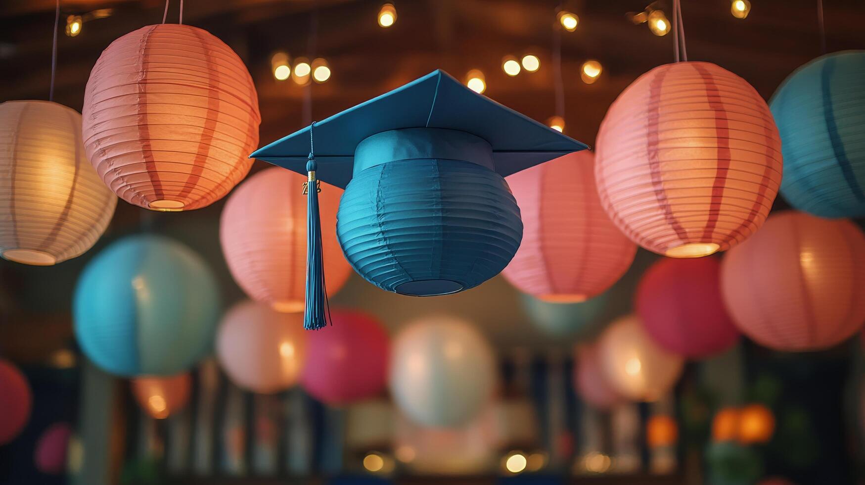 Graduation cap surrounded by colorful paper lanterns in a festive celebration setting photo