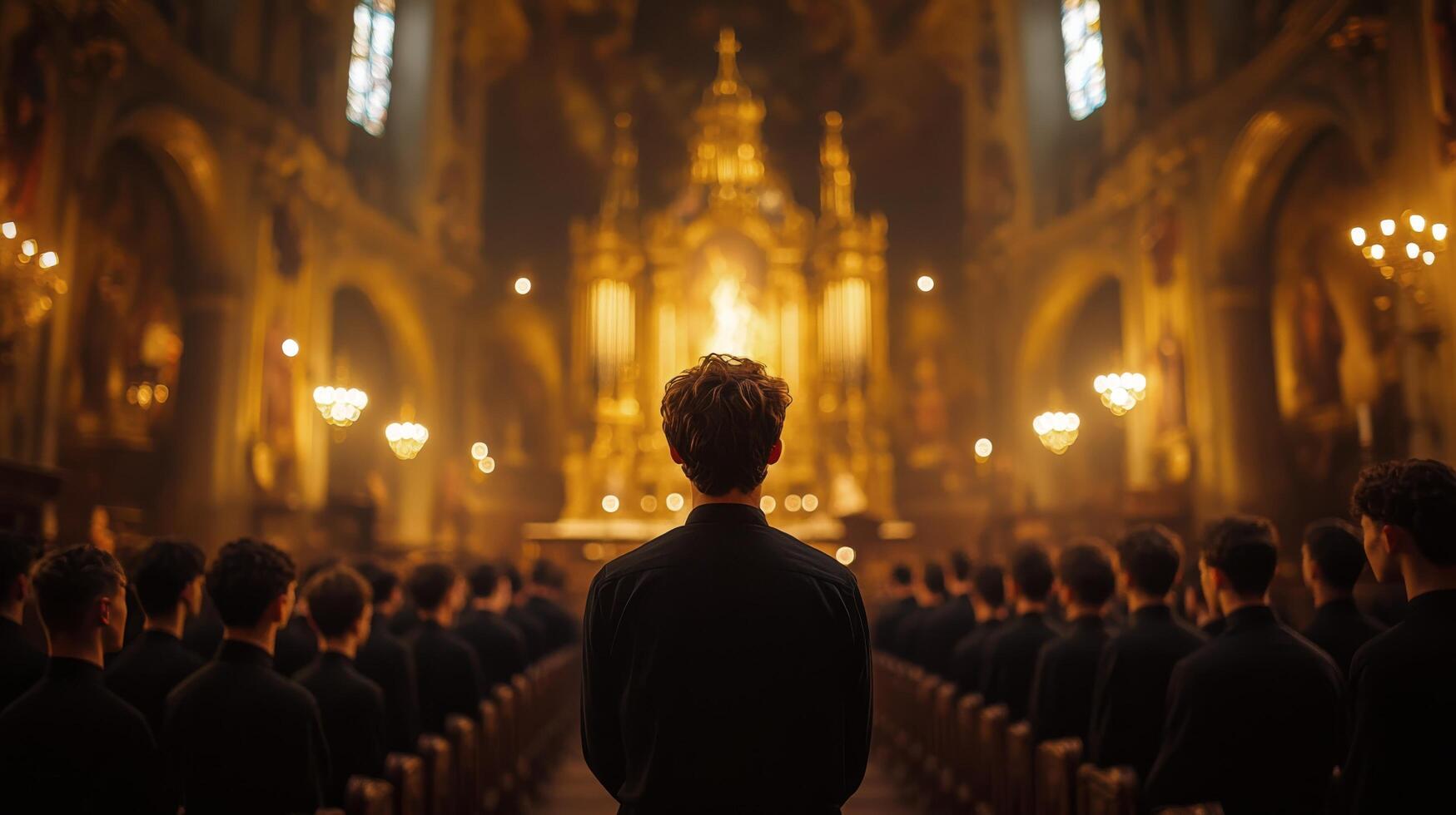 Gathering of individuals in a grand cathedral during an evening ceremony photo
