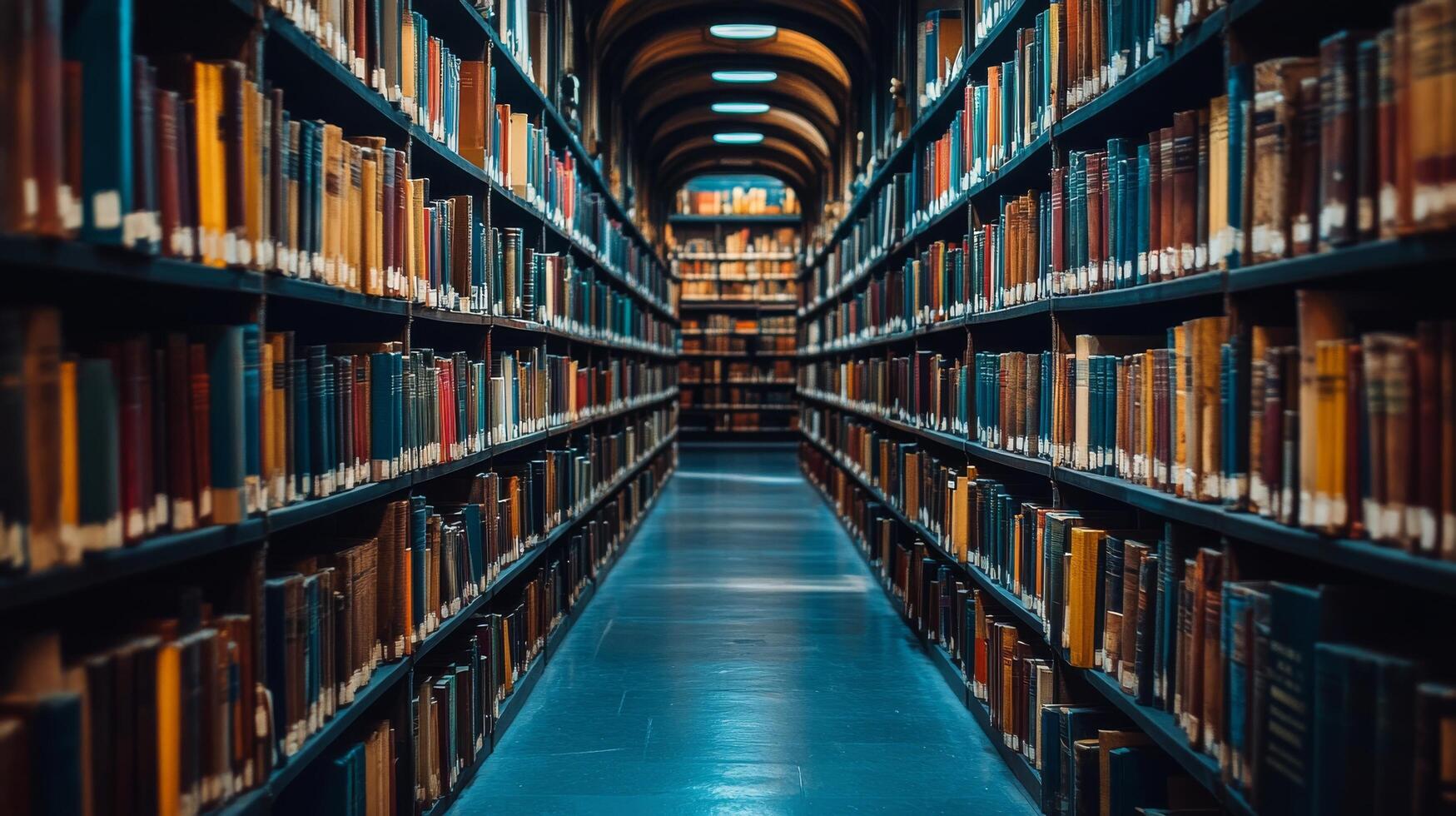 Long corridor lined with shelves filled with colorful books in an old library setting photo
