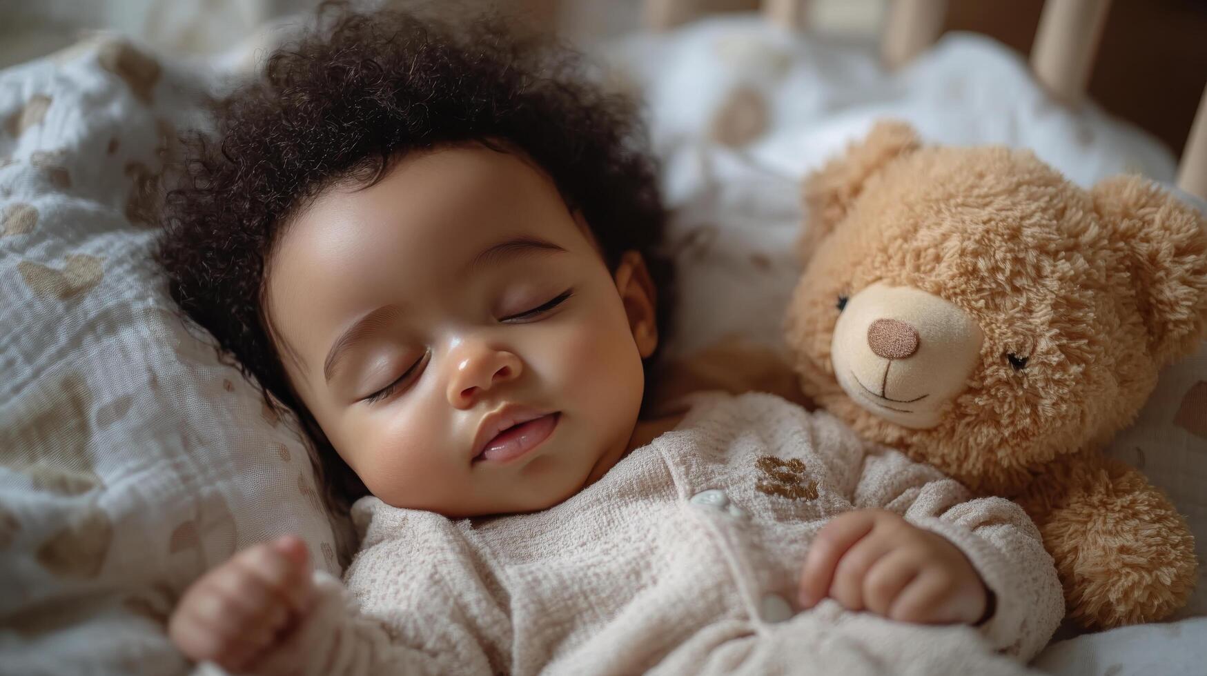 Baby sleeps peacefully next to a soft teddy bear in a cozy nursery setting photo
