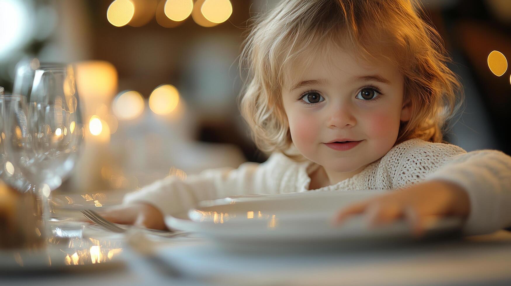 Child smiling at a cafe surrounded by plants and dishes on a sunny day photo