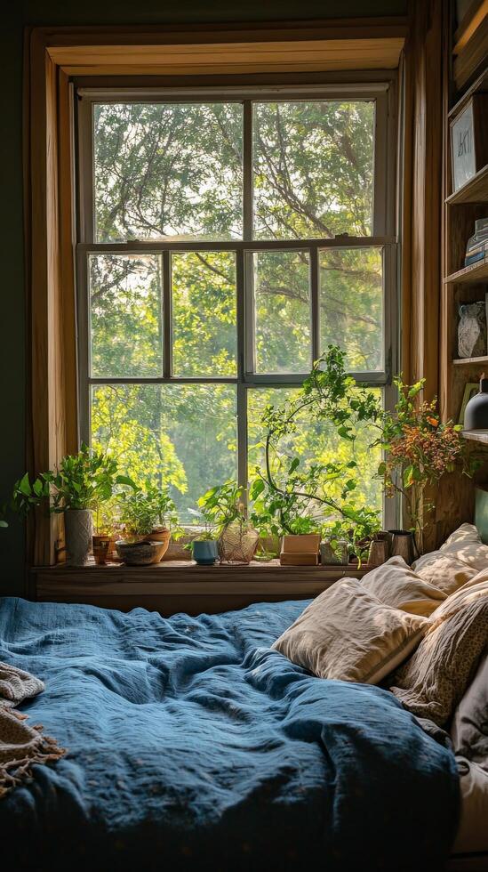Cozy bedroom with plants and golden sunlight filtering through large windows in a peaceful setting photo