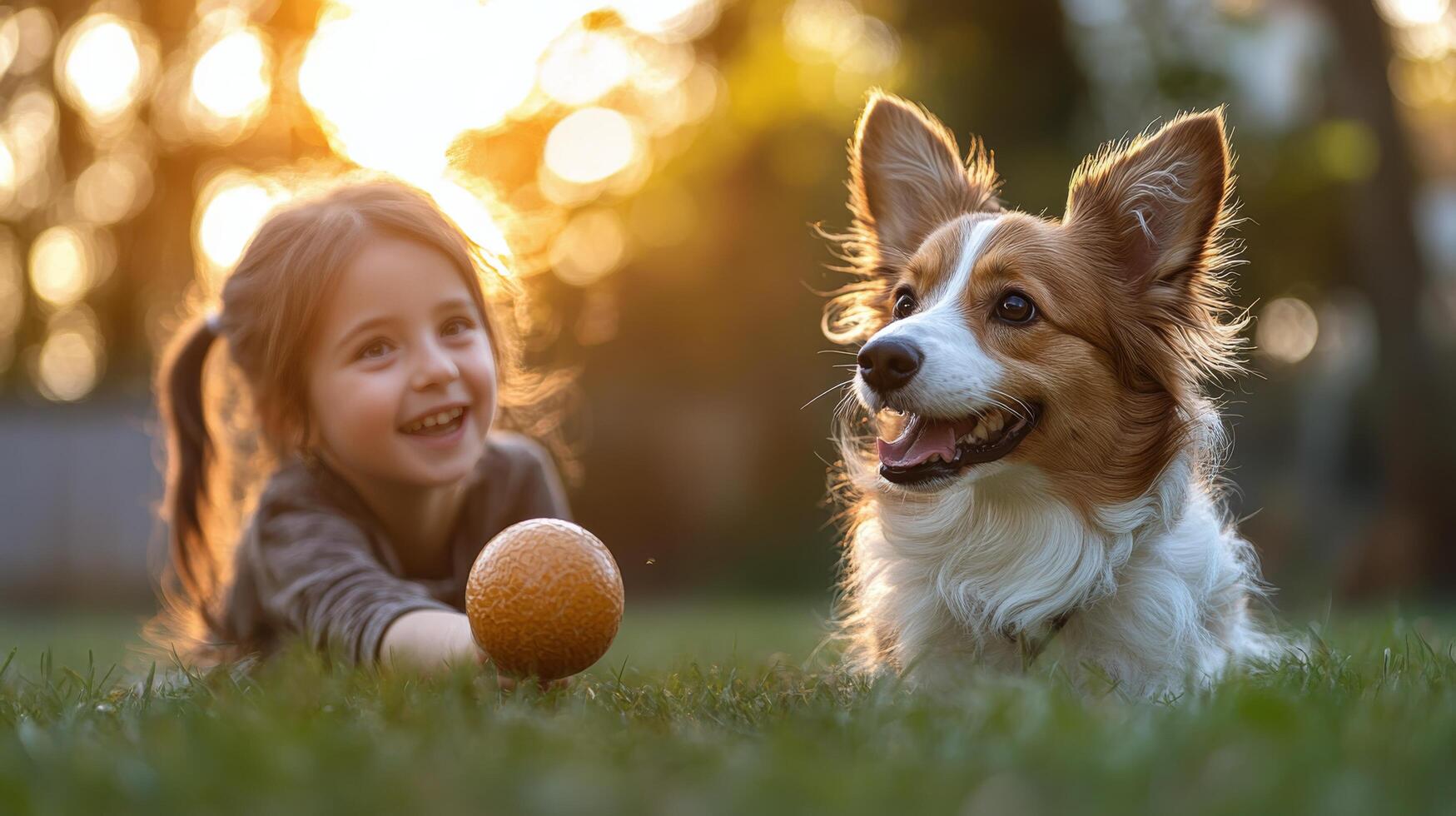 Happy girl and dog playing with a ball in autumn park photo