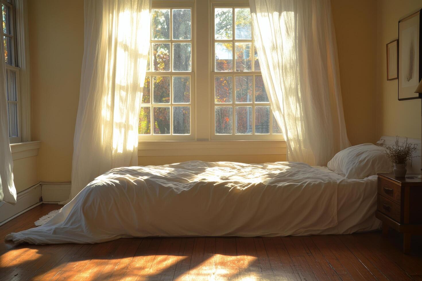 Natural light fills a cozy bedroom with plants by the window and soft linens in the afternoon photo