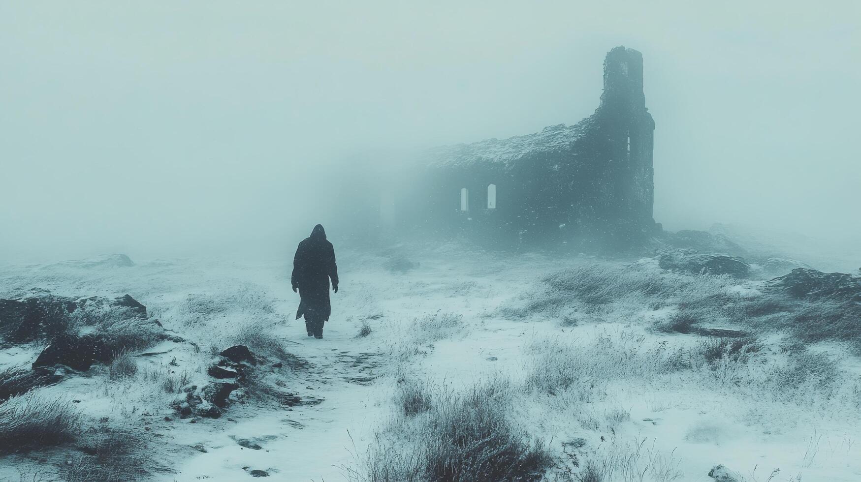 Mysterious figure wandering through a foggy landscape with dark spires in the background photo
