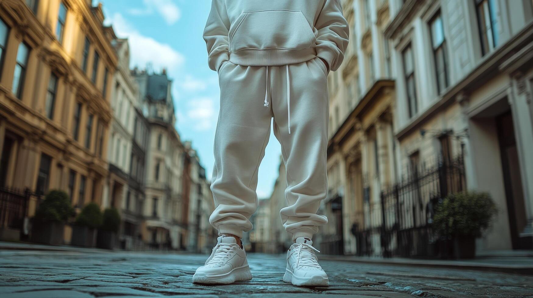 Stylish youth dressed in casual attire poses on a cobbled street in a charming urban area photo