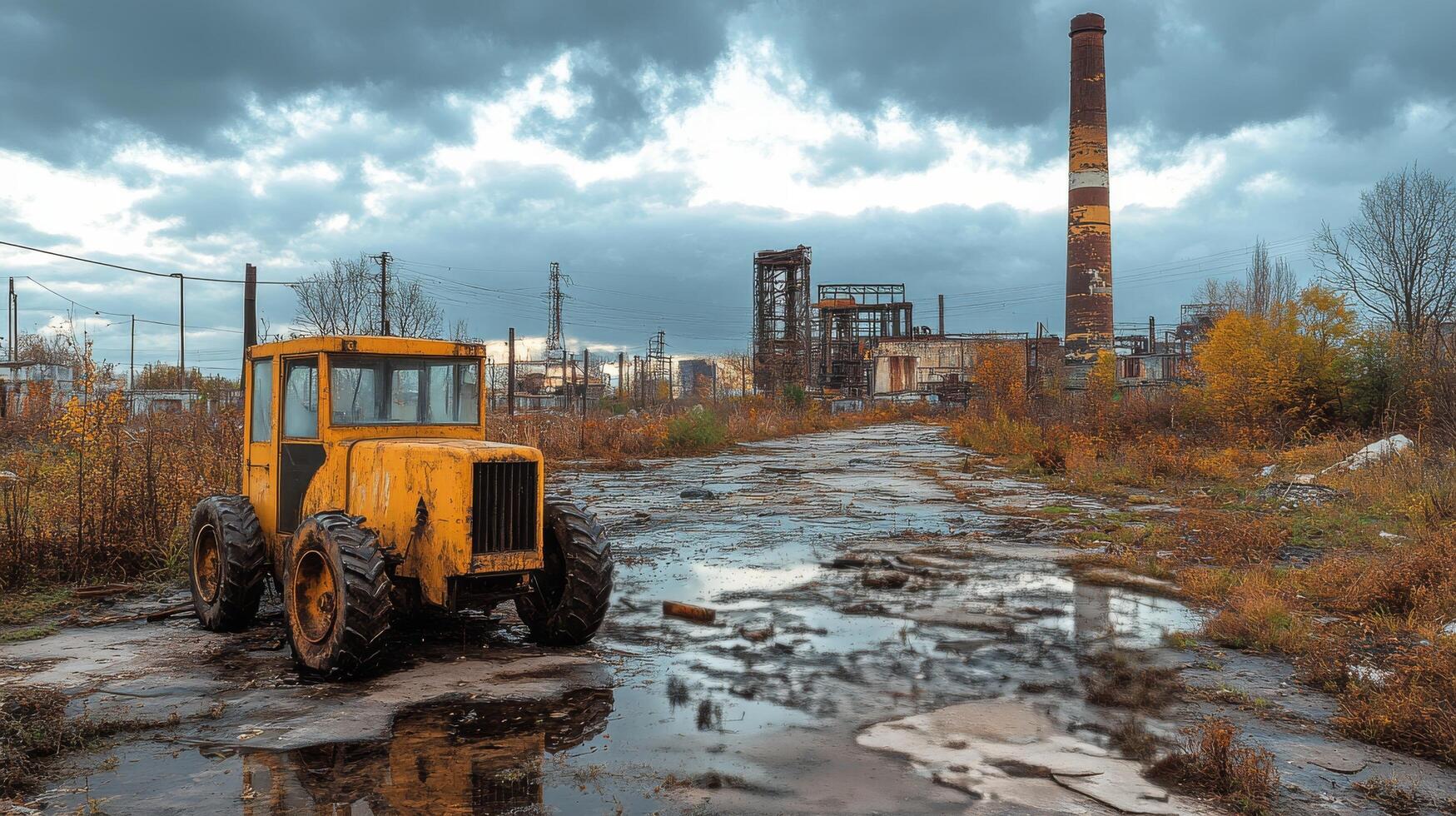 Devastation of an abandoned industrial site with smoke billowing from chimneys photo