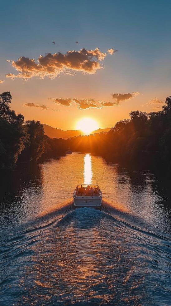 Sunset cruise on a serene river with golden reflections and colorful sky photo