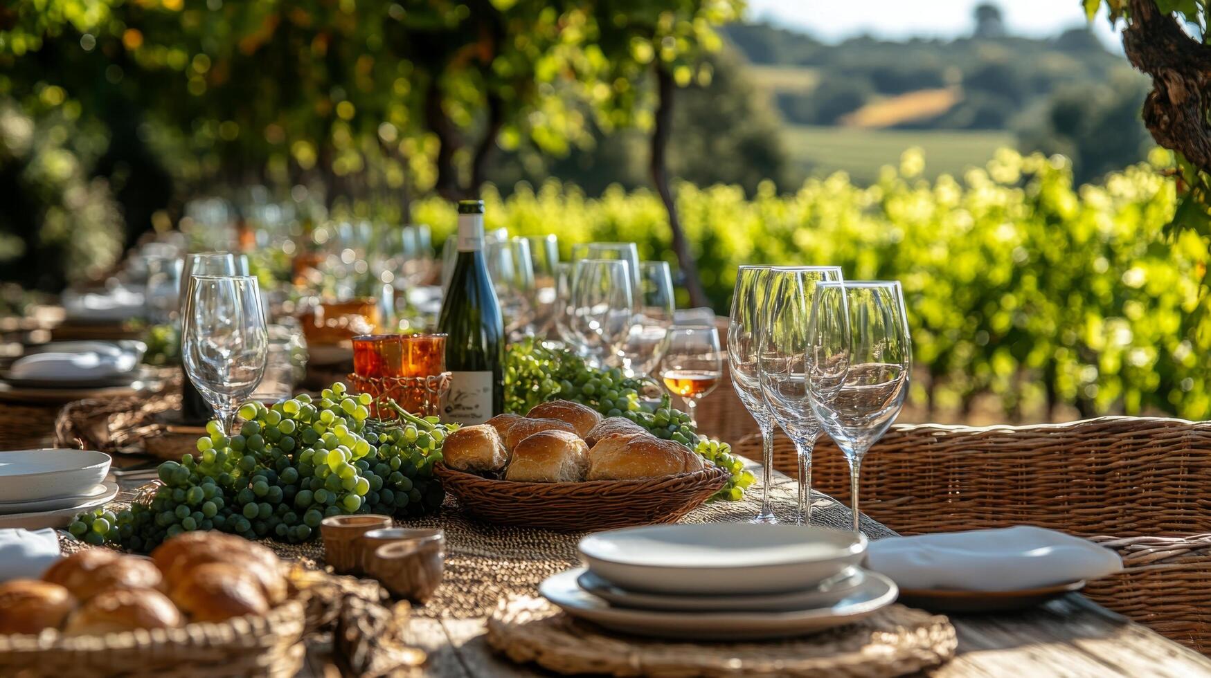 Elegant outdoor dining setup in a vineyard during golden hour with fine wine and fresh bread photo