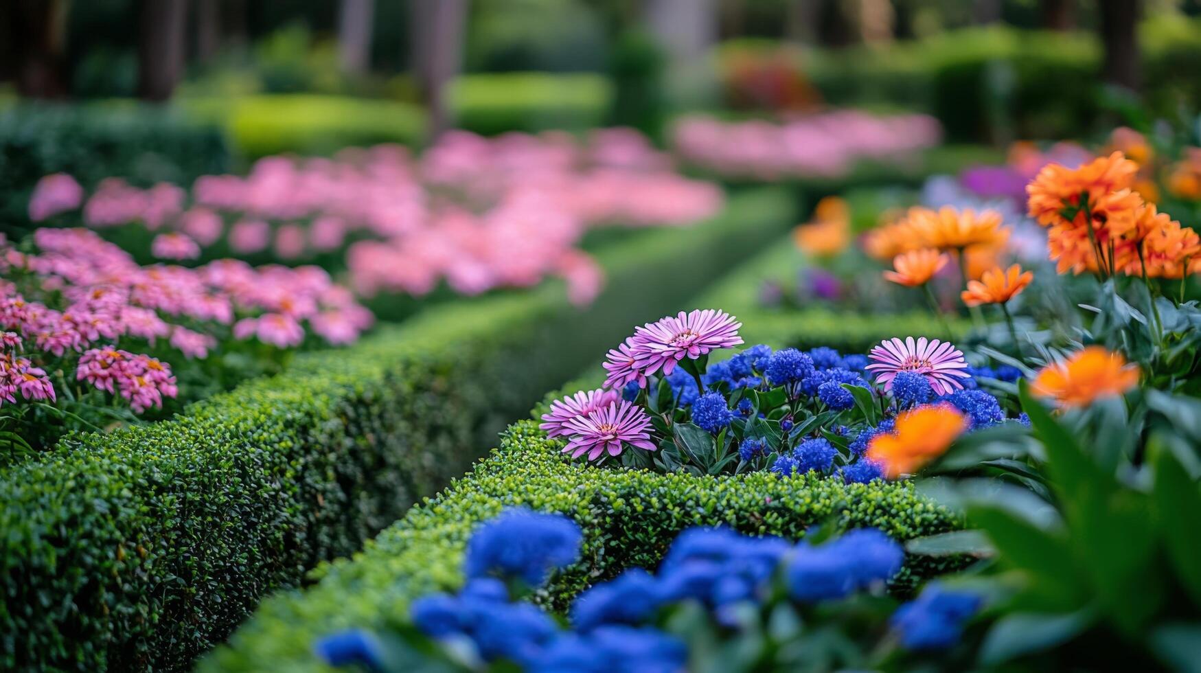 Vibrant flowers arranged in a green garden during the day showcasing a variety of colors and shapes photo