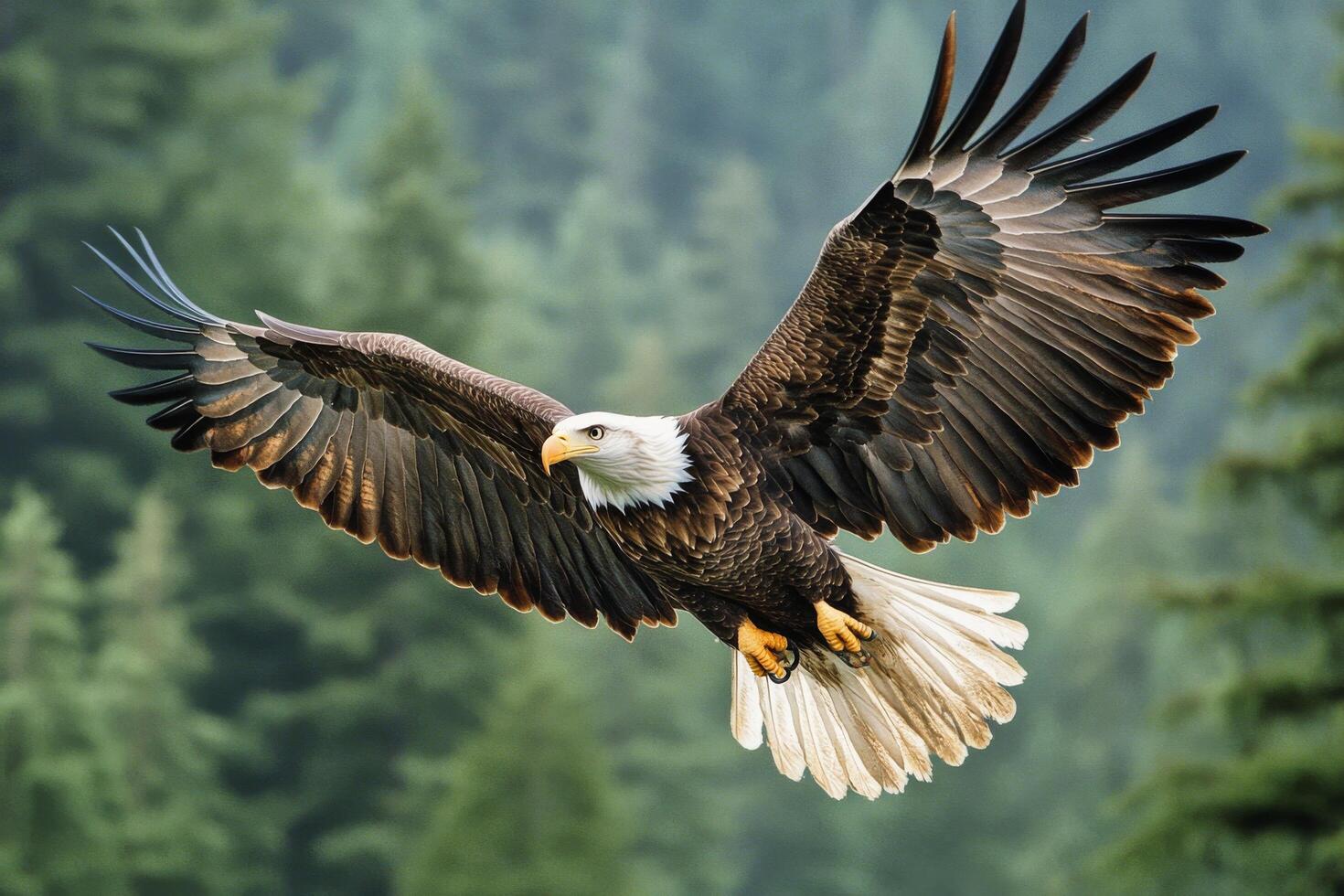 Majestic bald eagle soaring above its nest in a forested area during early morning light photo