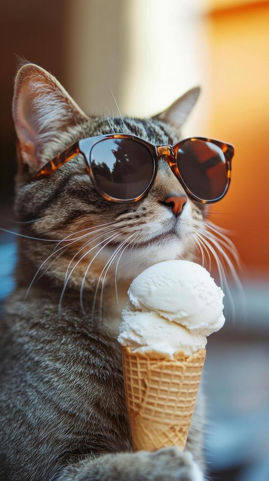 Cat wearing sunglasses happily enjoys ice cream cone on a sunny day photo