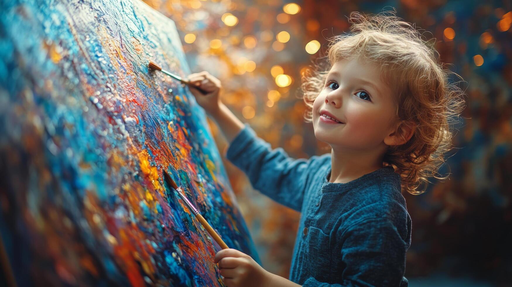 Child artist smiling in colorful studio filled with abstract artworks and vibrant paintings photo