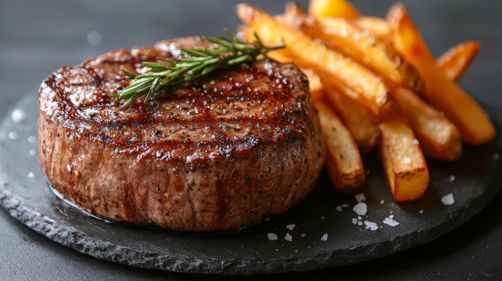Delicious grilled steak served with crispy fries and fresh rosemary on a dark slate plate photo