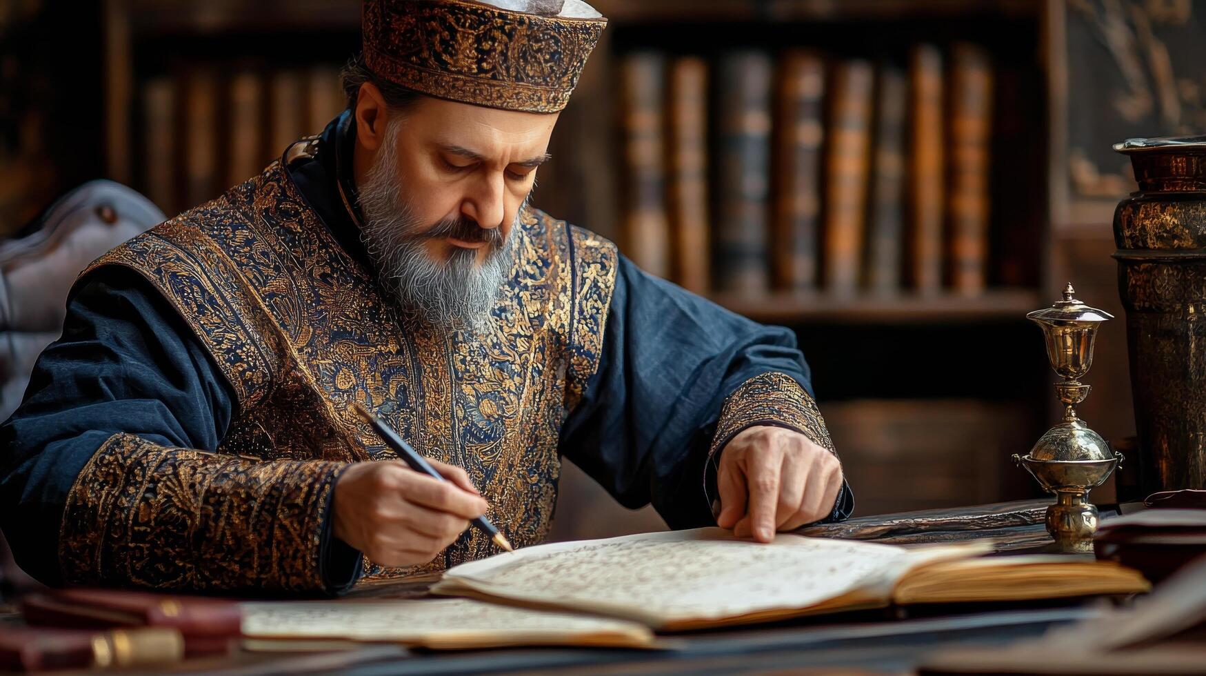 Scholar in traditional attire diligently writing in ancient manuscript in a library photo