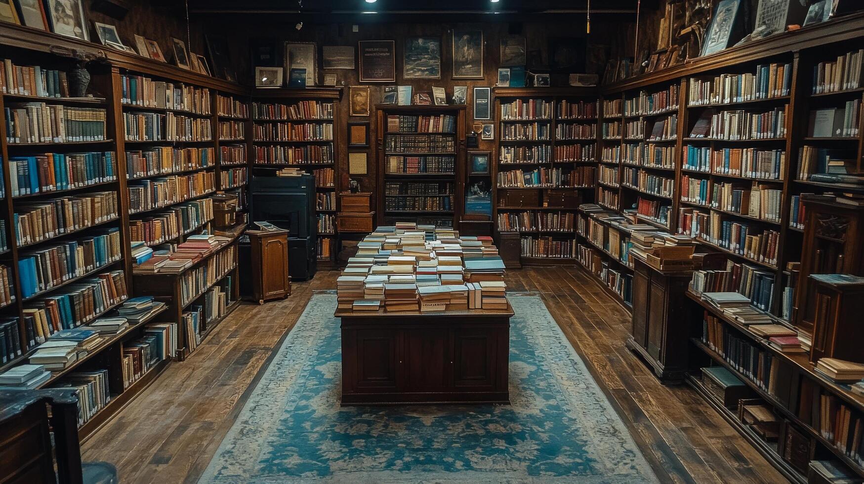 Long corridor lined with shelves filled with colorful books in an old library setting photo