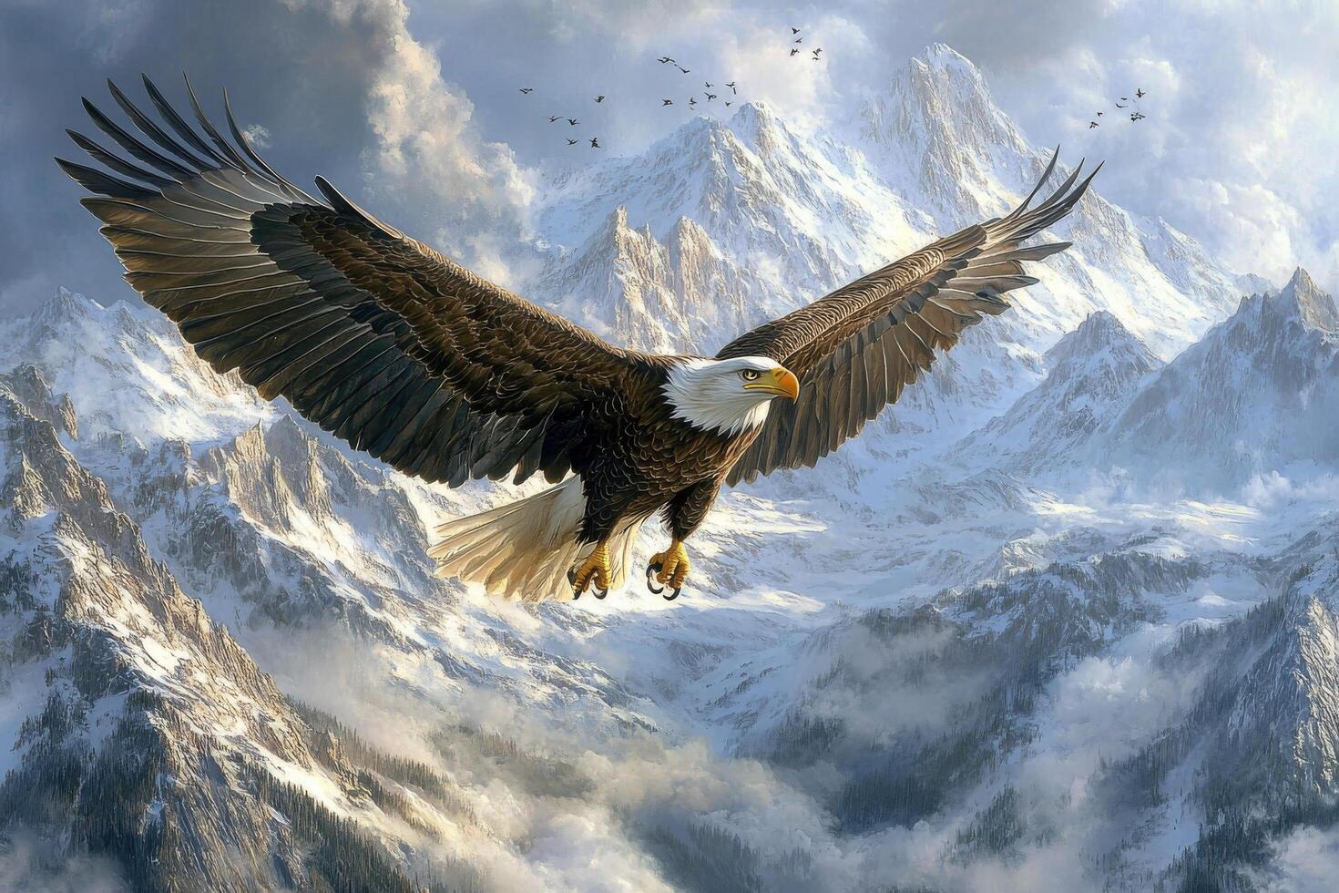 Majestic bald eagle soaring above its nest in a forested area during early morning light photo
