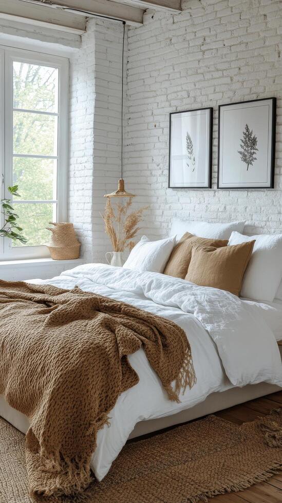 Cozy bedroom with white brick walls and warm textiles in a modern designed space photo