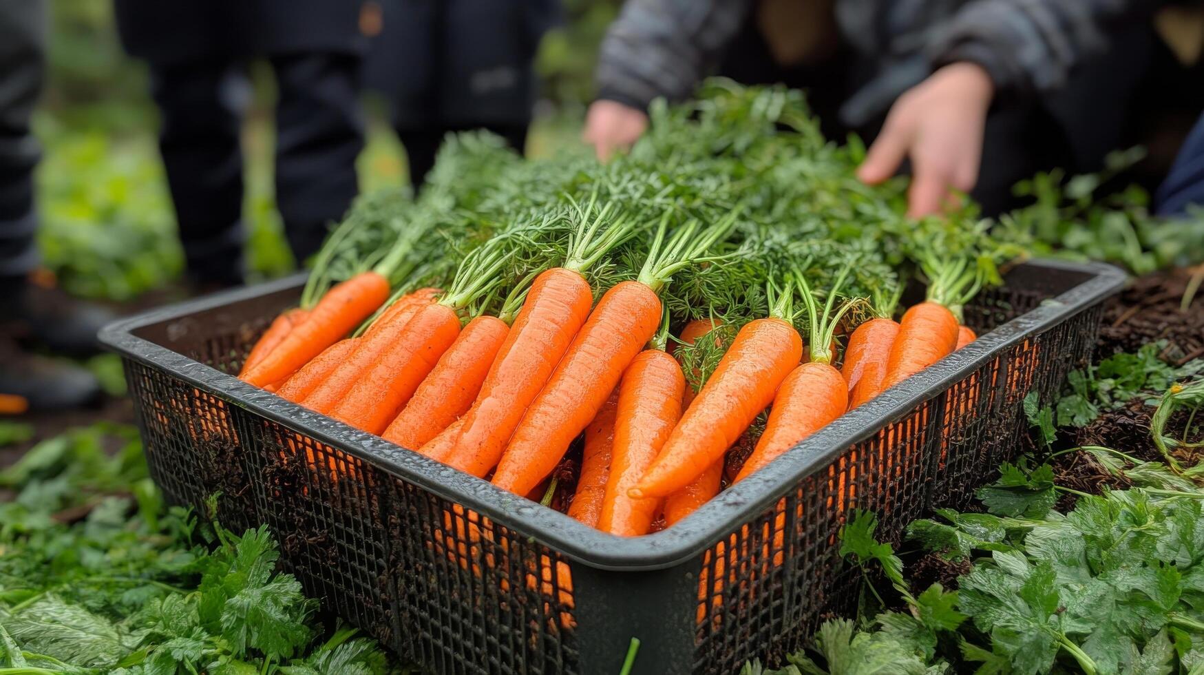 Freshly harvested carrots arranged in a rustic wooden basket surrounded by vibrant flowers photo