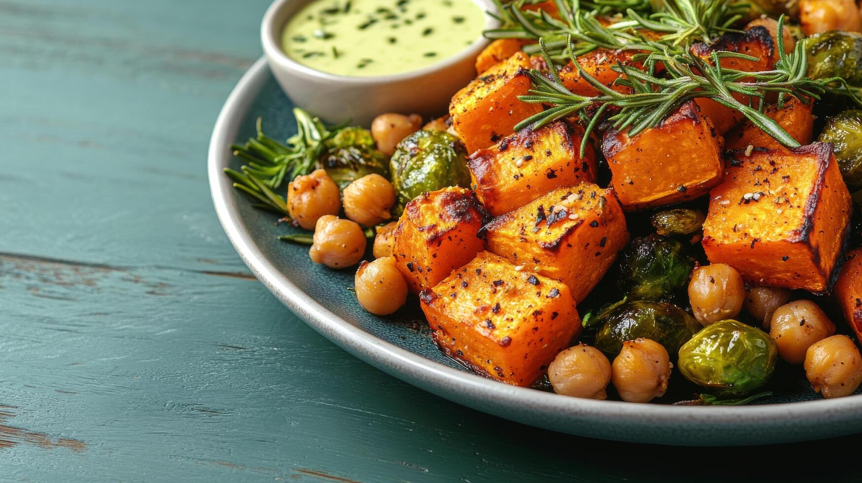 Colorful platter of roasted vegetables and chickpeas with creamy sauce served in a round bowl photo