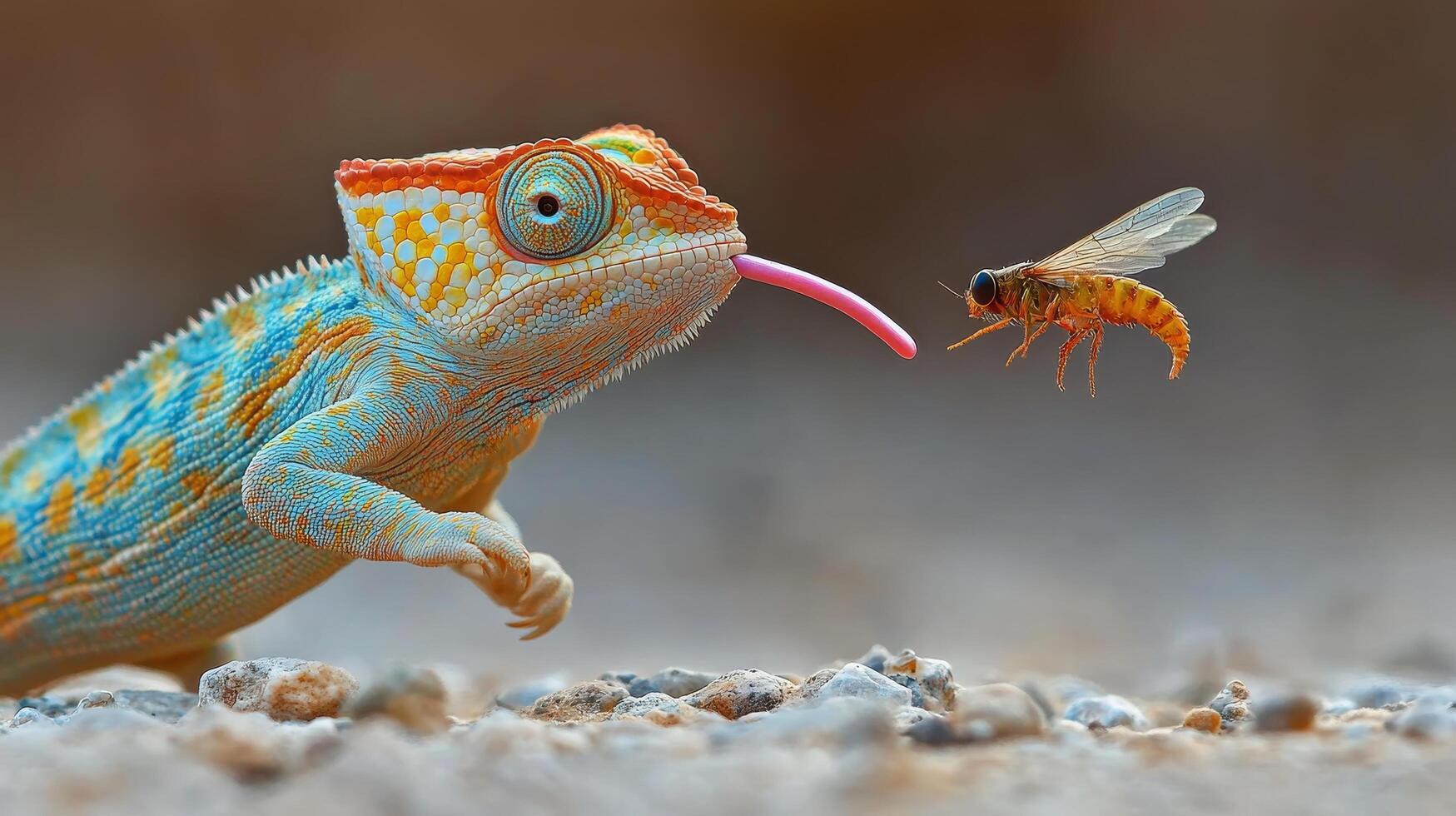 Unique colorful frog with vibrant eyes and details in natural habitat near an insect photo