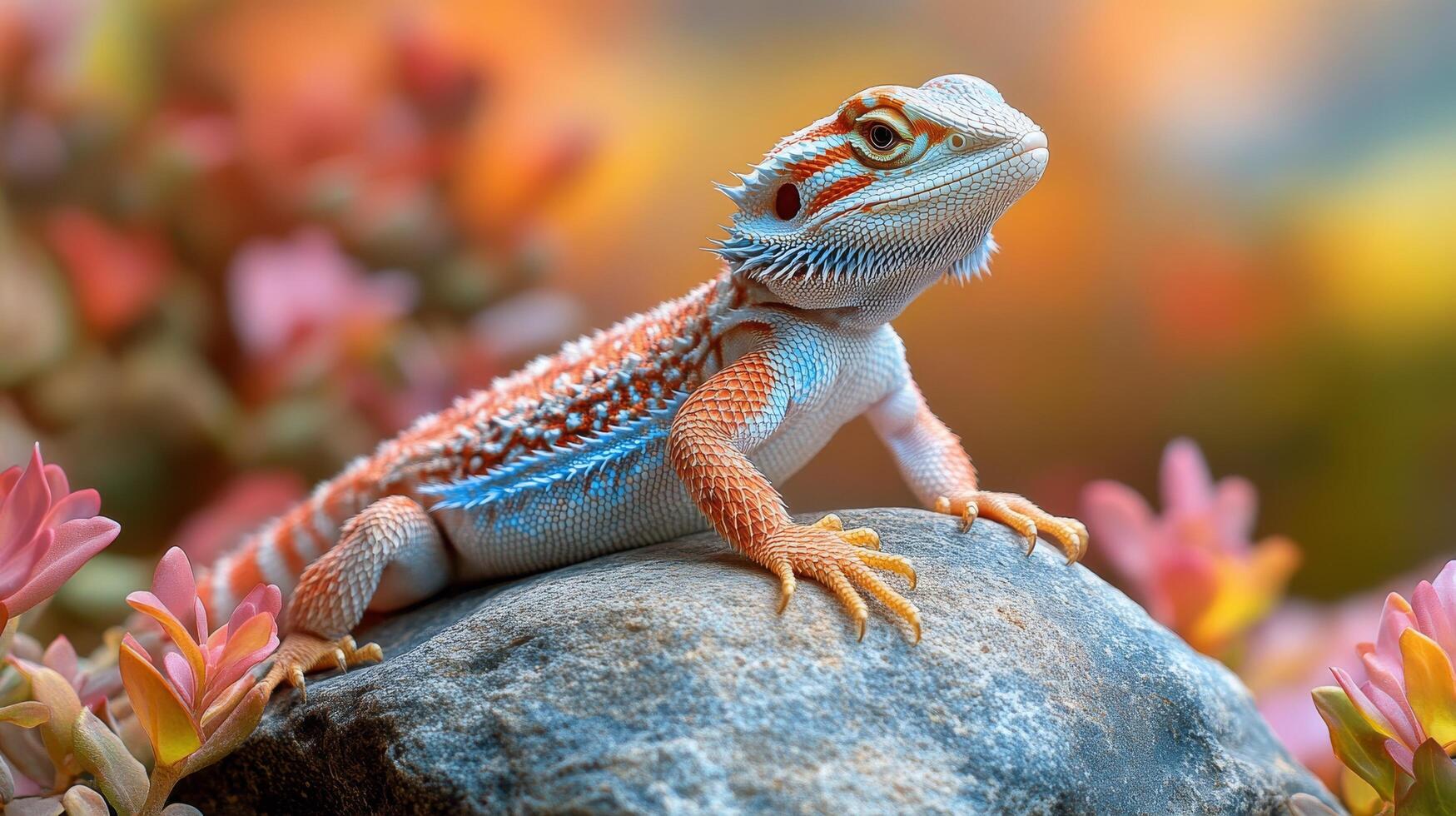 Bearded dragon basking on rock with golden bokeh background during sunny afternoon photo