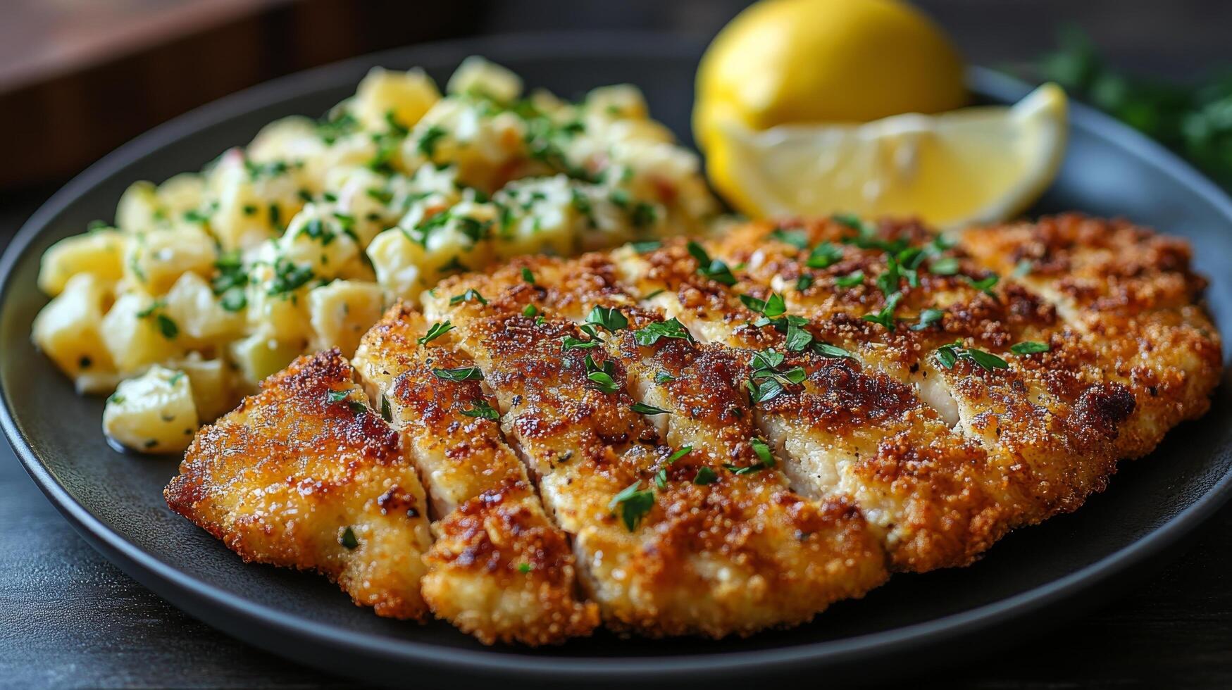 Crispy fried fish served with garlic butter potatoes and fresh lemon slice on a dark plate photo