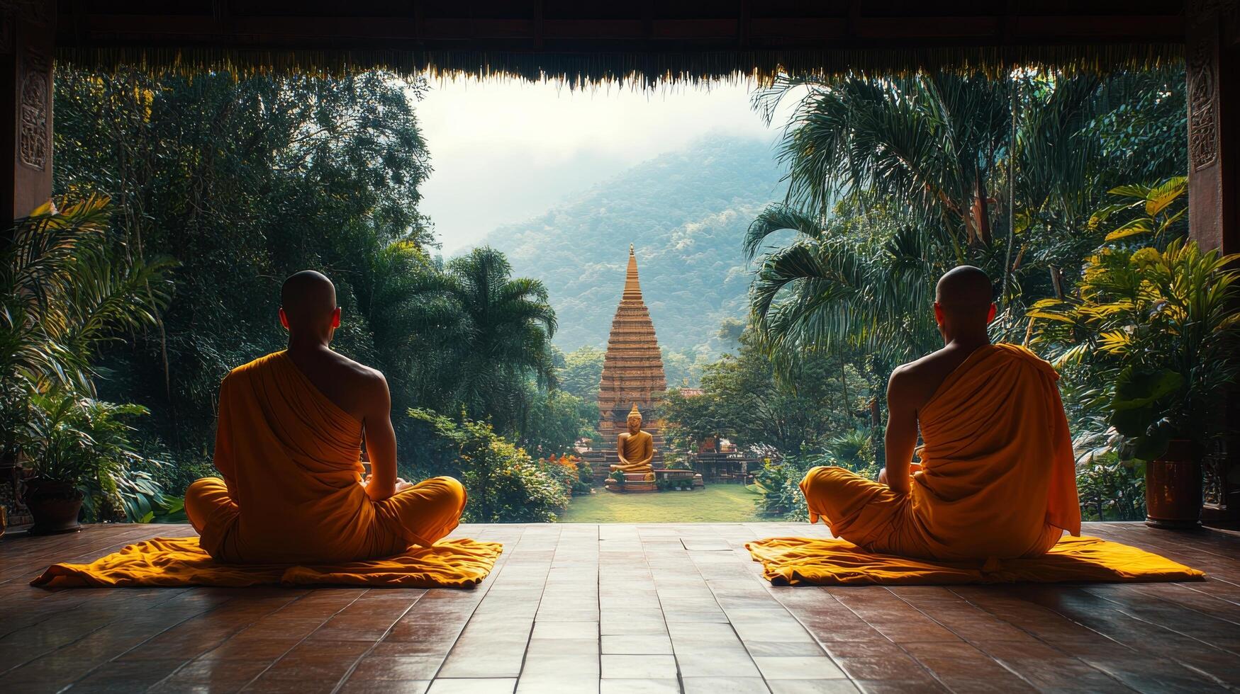 Monks meditate in traditional temple during serene morning at historic Buddhist site photo