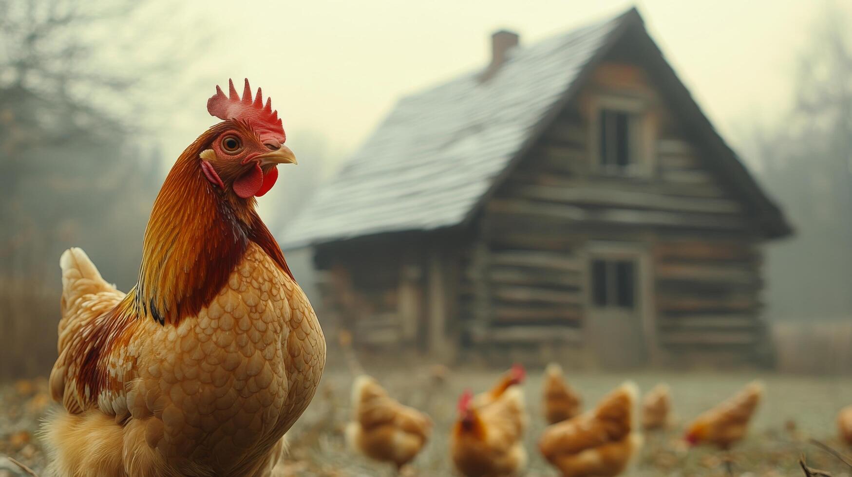 Flock of brown hens roaming freely near a rustic wooden barn in early morning light photo
