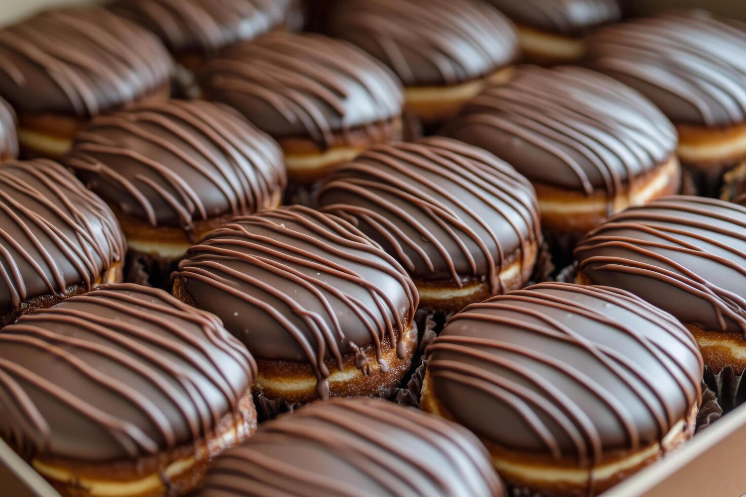 Assorted chocolate glazed donuts arranged in a neat box on a marble countertop photo