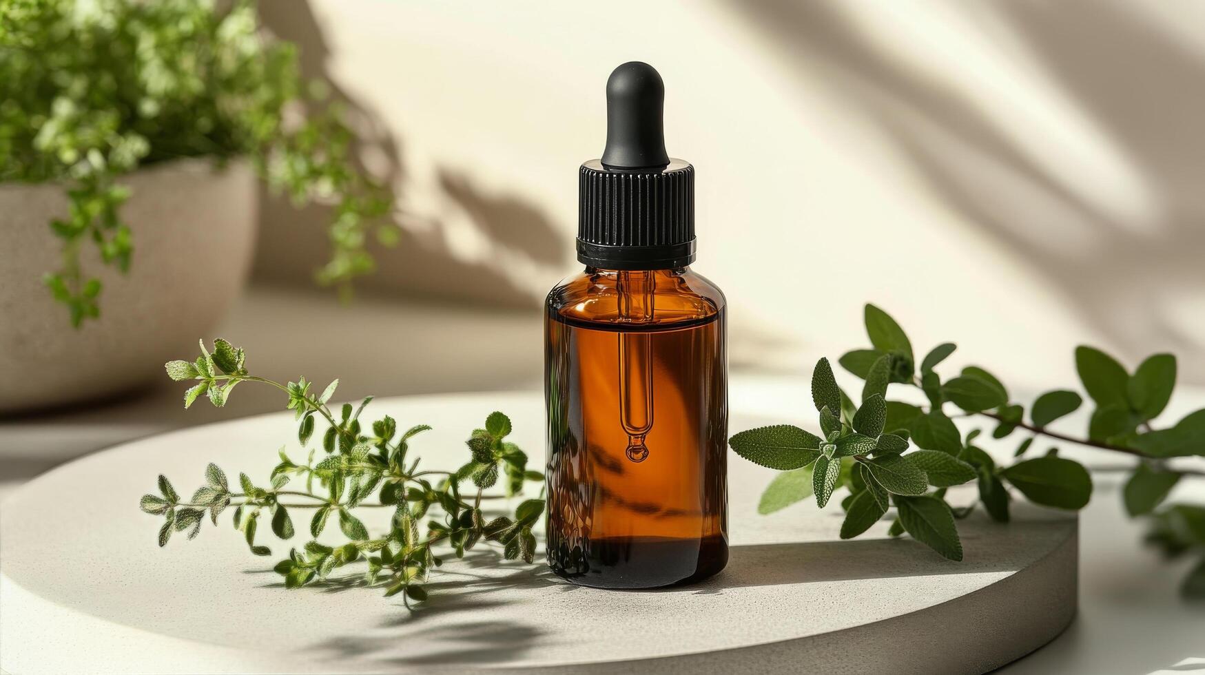 Natural skincare routine featuring herbal ingredients and a smiling woman in a minimalist setting photo